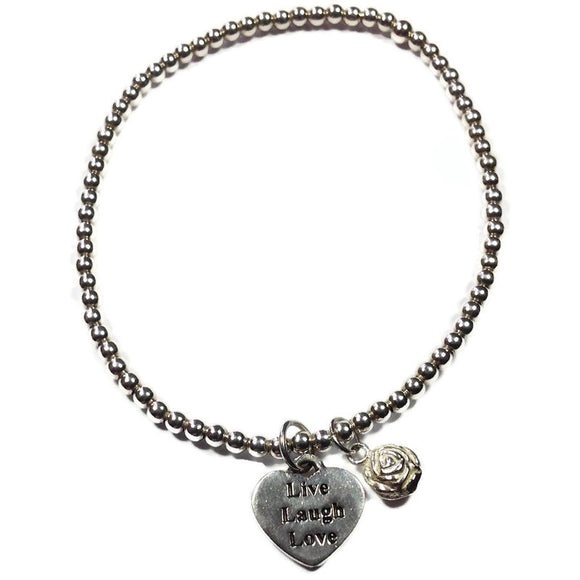 925 Sterling Silver Live Laugh Love Heart Elastic Ball Bracelet FredBen Jewellery